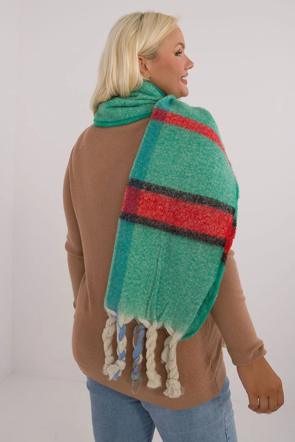 écharpe femme oversize vert menthe rayures rouges noirs liserés gris maille brossée moelleuse polyester 180cm large franges torsadées crème bleu