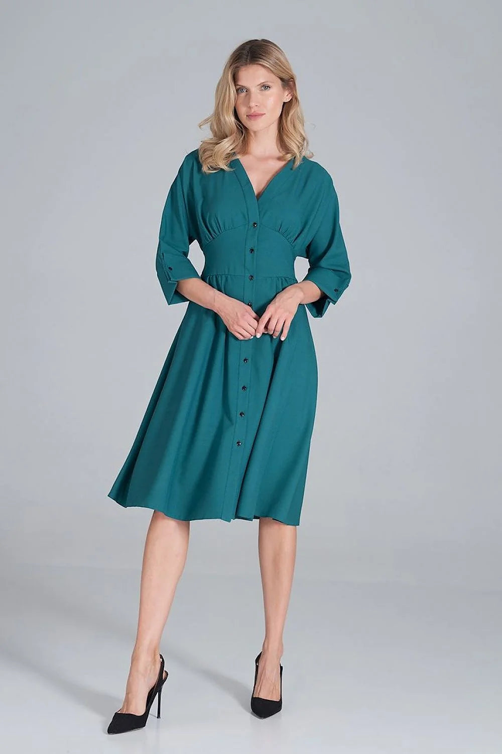 Robe midi polyester élégante rose vive manches trois-quarts boutons col V femme mode chic