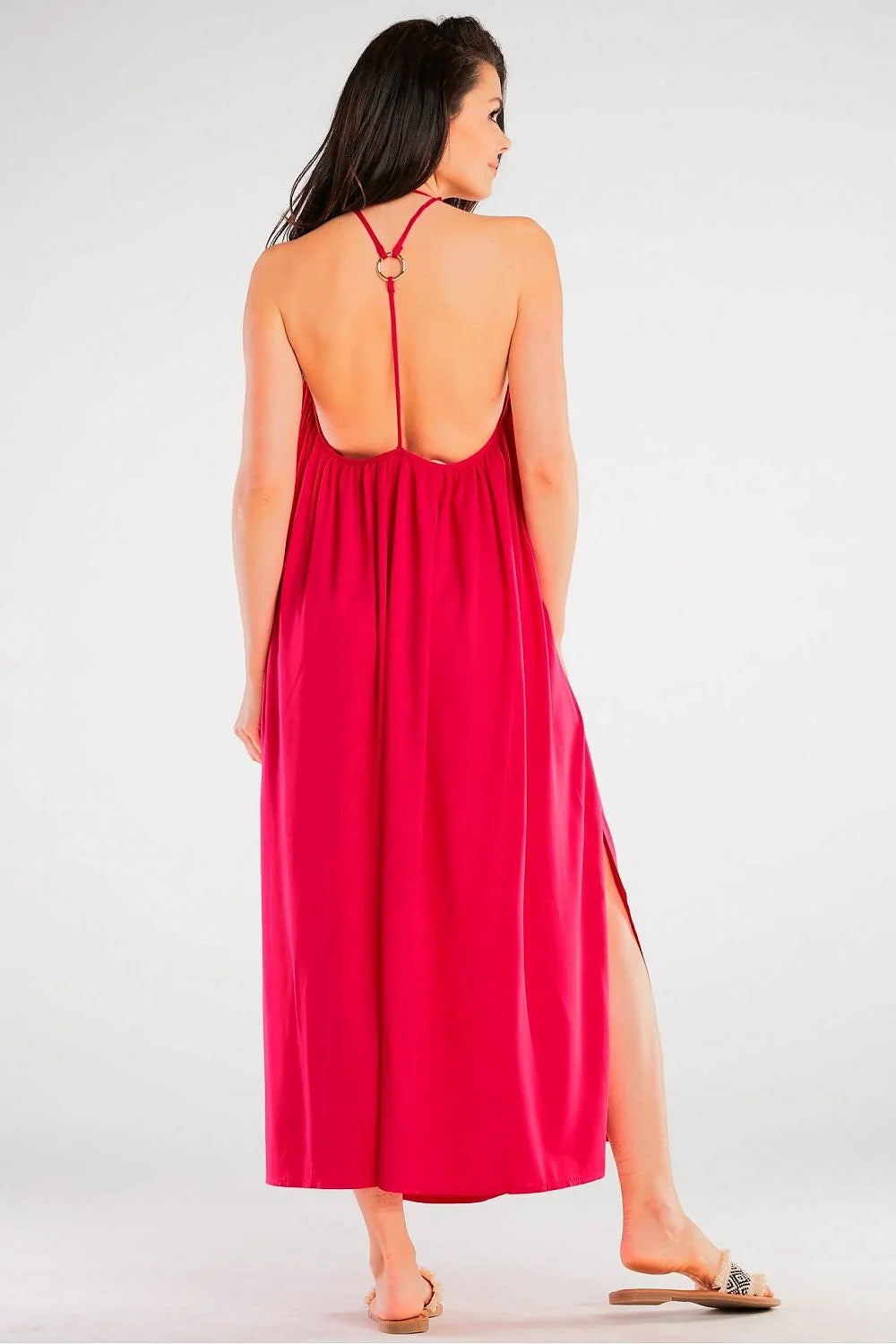 Robe de jour awama rouge vif longue fluide décolleté bateau bretelles fines matière légère