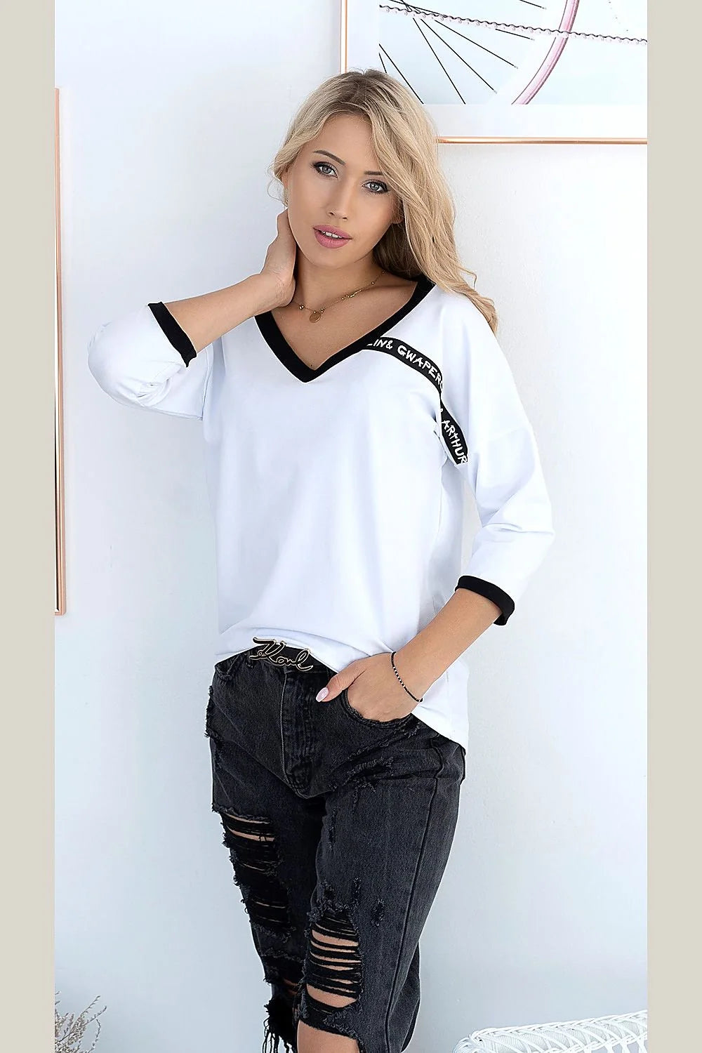 Chemisier coton stretch oversize noir moderne confortable col V manches trois quarts style NEW YORK