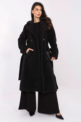 manteau femme teddy noir oversize mi mollet grand col revers double boutonnage ceinture taille poches latérales sherpa bouclée légère chaude