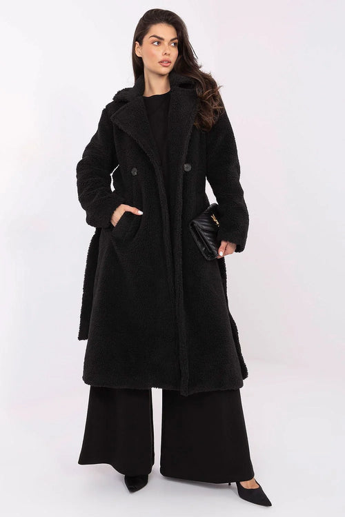 manteau femme teddy noir oversize mi mollet grand col revers double boutonnage ceinture taille poches latérales sherpa bouclée légère chaude
