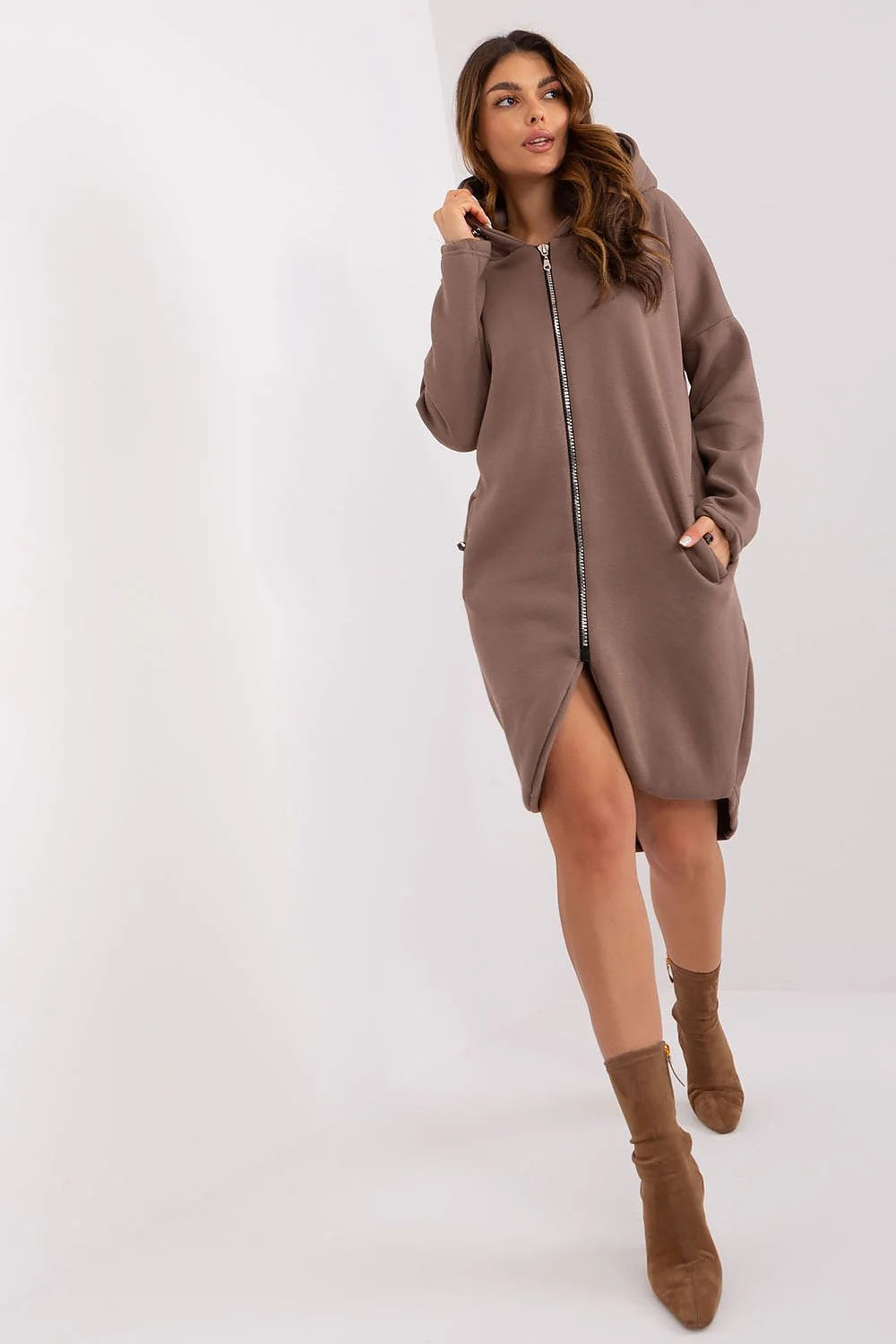 Robe Sweat à Capuche Longue Fendue en Coton-Polyester Femme Brun Taupe