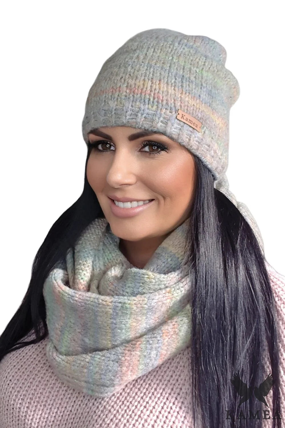 Ensemble Kamea pour femmes, bonnet et écharpe tube en laine, couleurs pastel, hiver 2023, style casual, confort et élégance