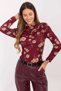 chemisier femme ajusté slim viscose polyester jersey extensible toucher doux imprimé floral grenat roses crème col bénitier drapé manches longues
