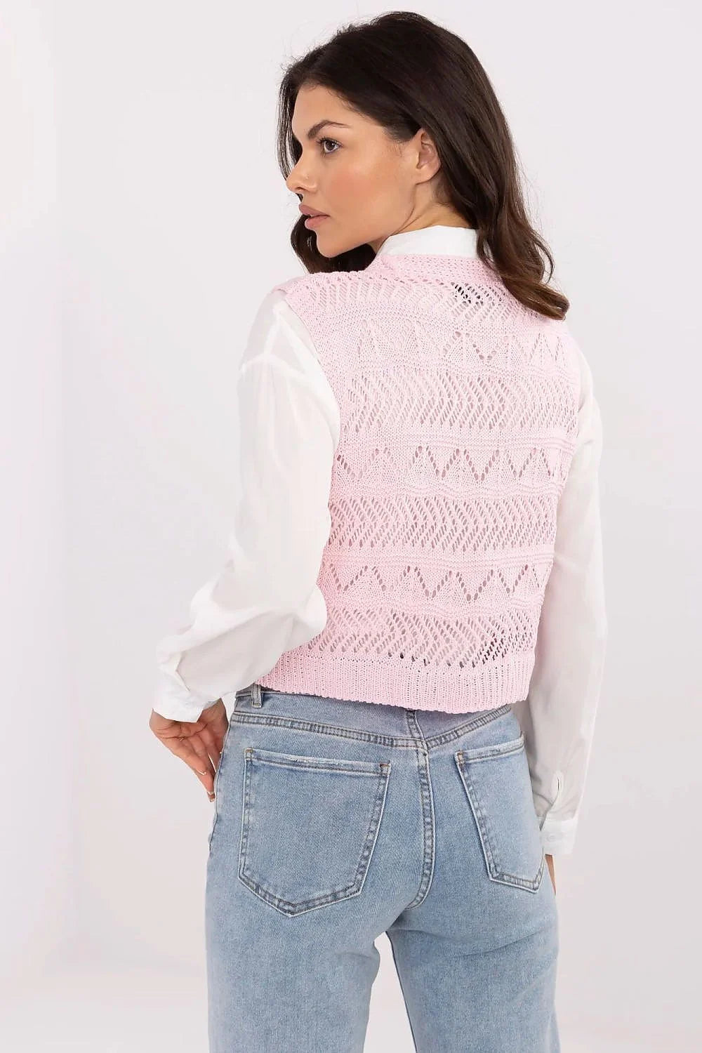 Gilet Sublevel ajouré pour femme en coton et polyacrylique sans manches en V rose pâle