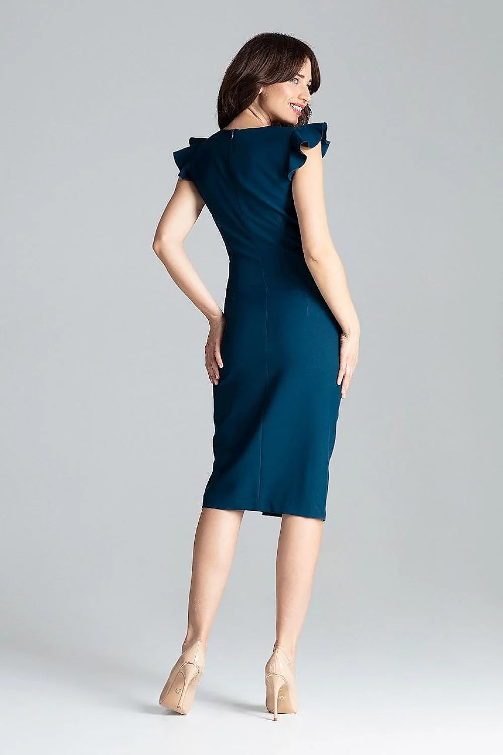 Robe de cocktail élégante couleur vert émeraude sans manches volants épaules fente haute coupe ajustée polyester 100% femme