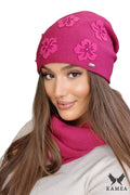 Bonnet et col tricotés assortis couleur framboise pour femme, style moderne, floral, doux, confortable, automne-hiver