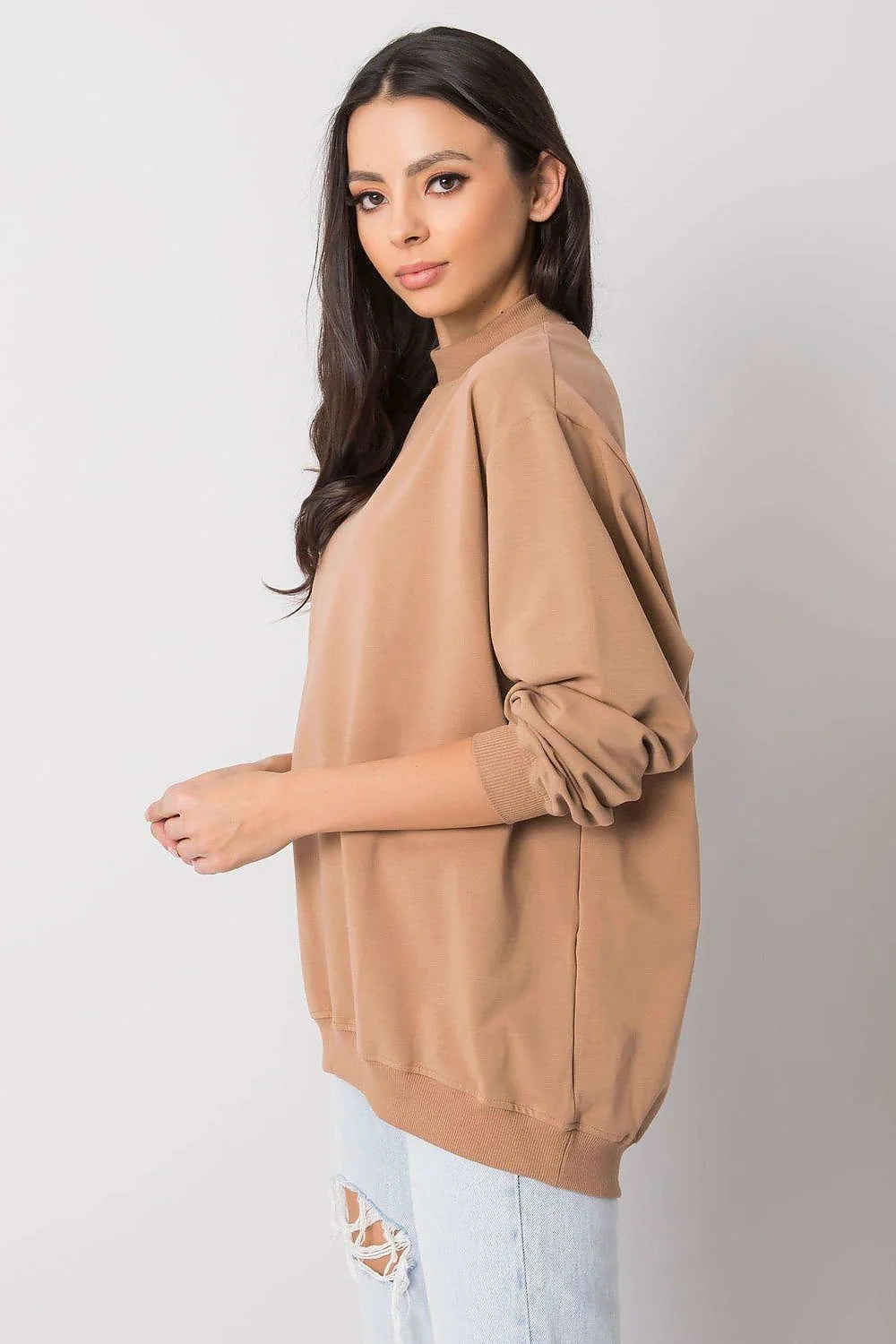 Sweatshirt BFG pour femme en coton 90% élasthanne 10%, style casual oversize, couleur bleu vif, manches longues, col rond côtelé, idéal pour tenues urbaines et décontractées