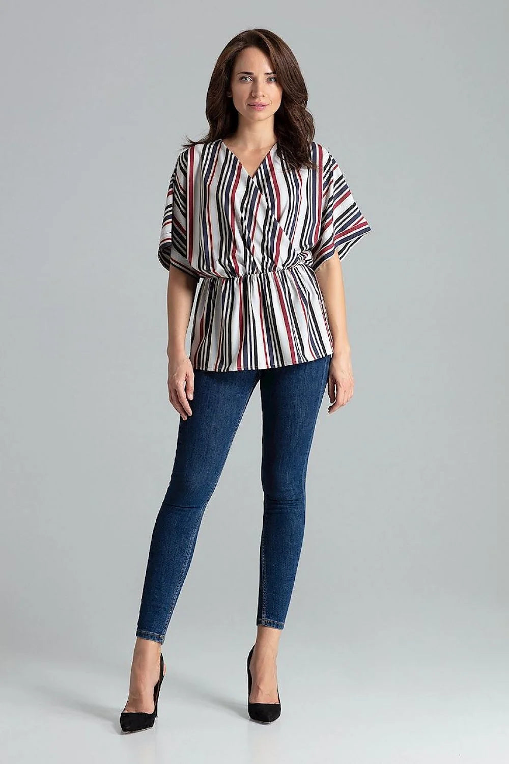 chemisier ample beige Lenitif manches kimono col V cachecoeur élégant tendance femme moderne fluide taille élastique fronces crêpe casualchic blousant