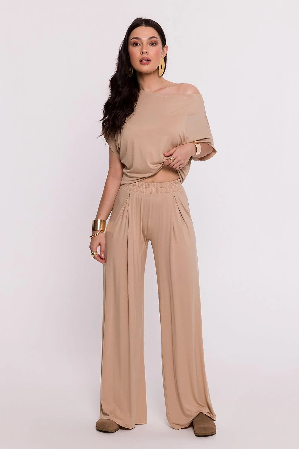 Pantalon femme Be Wear maille viscose haute qualité coupe large fluide ceinture élastique plis modelage couleur beige unie occasion quotidienne élégance confort