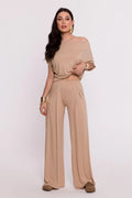 Pantalon femme Be Wear maille viscose haute qualité coupe large fluide ceinture élastique plis modelage couleur beige unie occasion quotidienne élégance confort