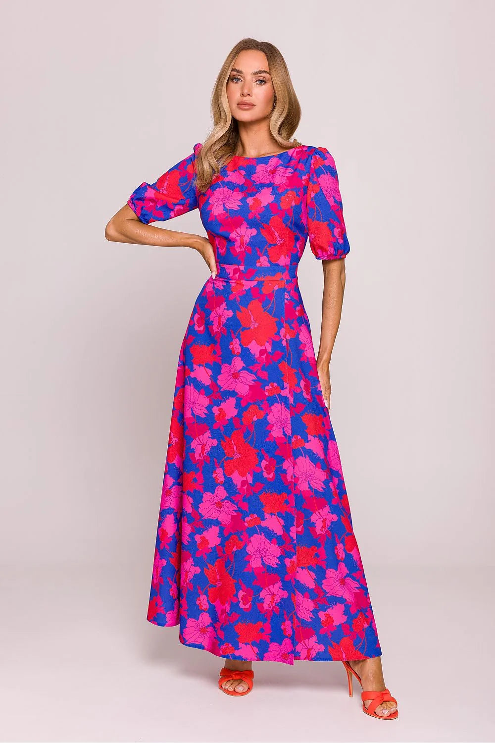 Robe de jour Moe fleurs multicolore longue manches courtes dos dentelle taille ajustable femme