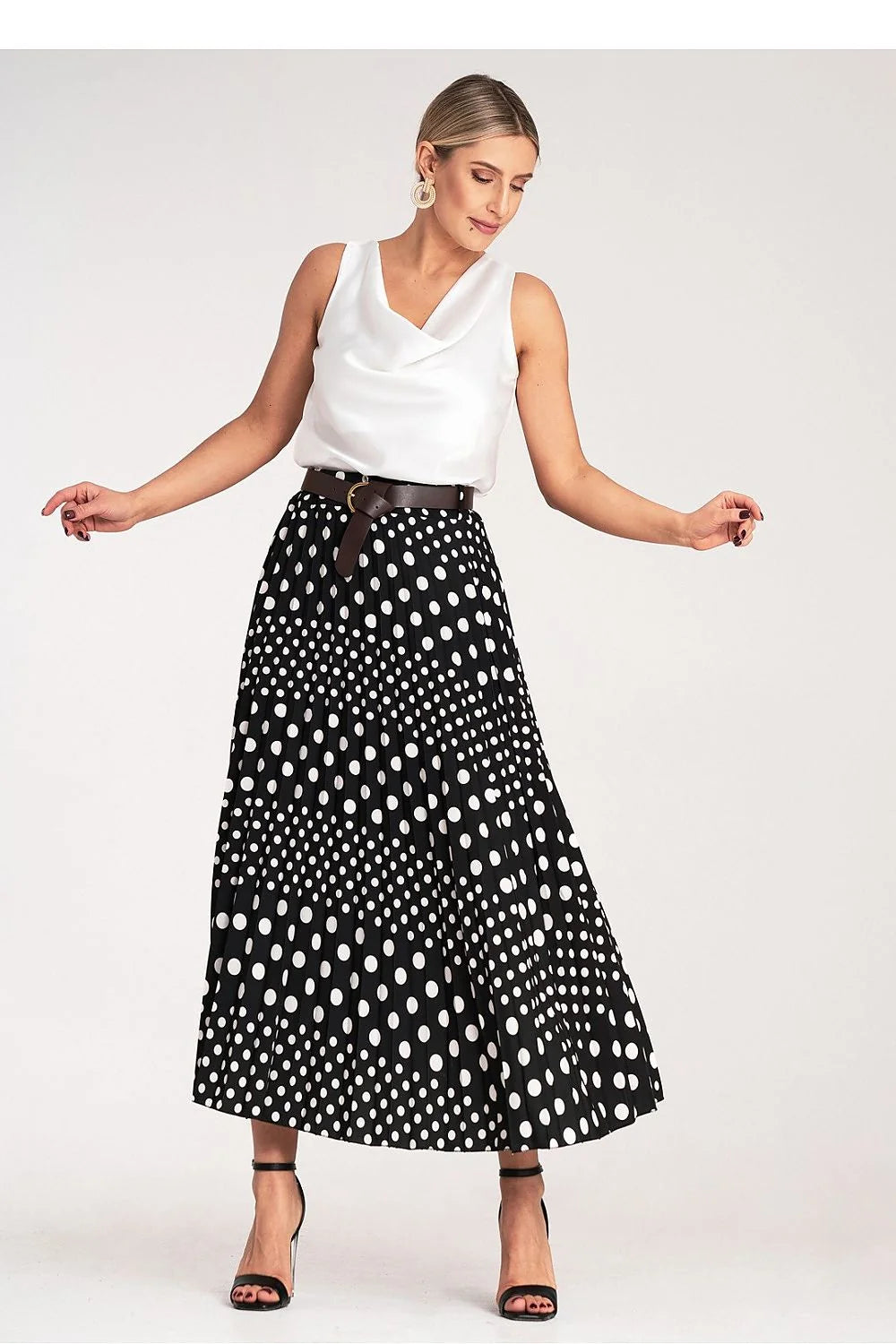 Jupe midi plissée femmes motif pois blancs taille haute ceinture dorée Polyester Élasthanne sortie soirée travail