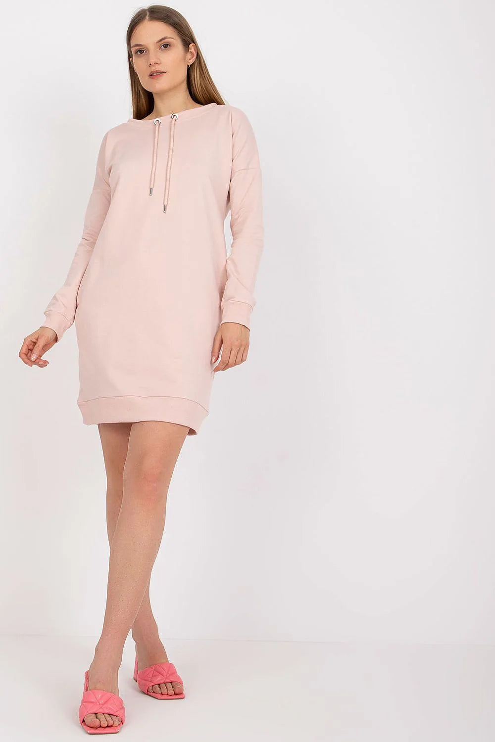Robe sweat-shirt femme confortable couleur rose pâle manches longues encolure ronde ceinture à nouer