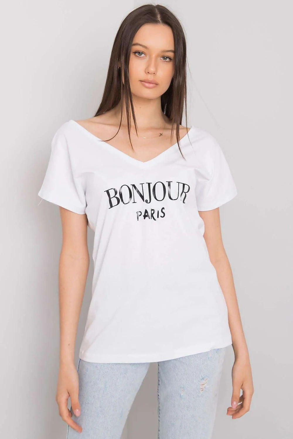 T-shirt femme style parisien rouge vif col V manches courtes coupe droite 100% coton 'BONJOUR PARIS'