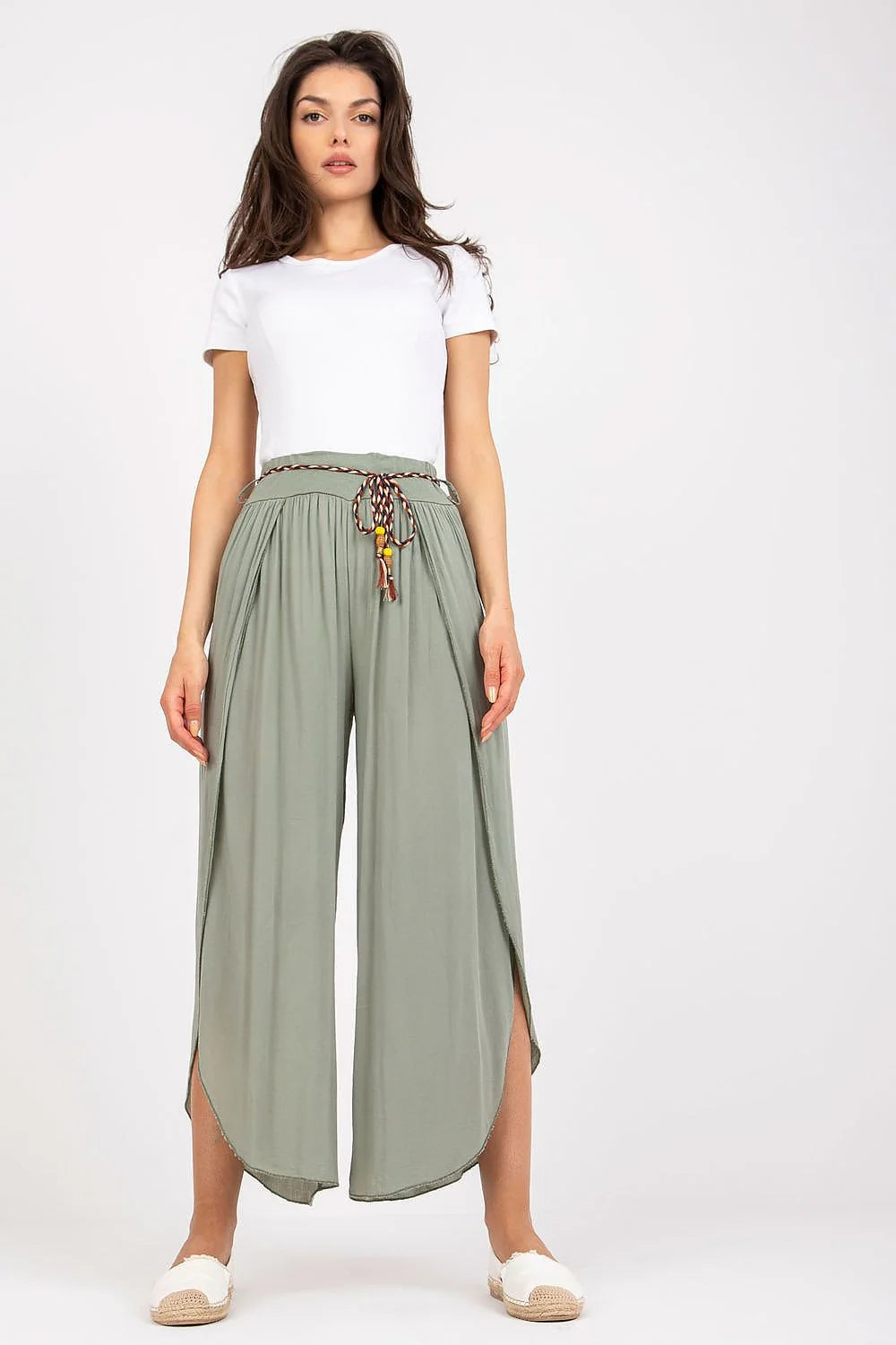 pantalon femme palazzo taille haute viscose respirante vert sauge fluide jambes larges cordon multicolore perles pompons fentes latérales bohème élégant