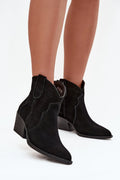 bottines femme suède noir western bout pointu talon bloc moyen hauteur cheville languettes enfilage surpiqûres décoratives doublure fourrure chaude