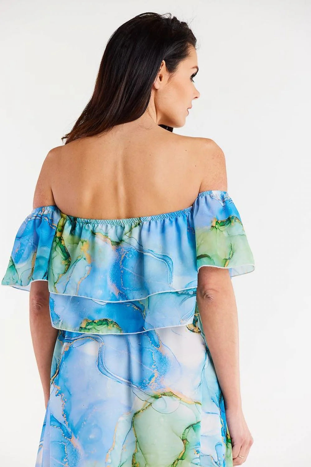 Chemisier Awama moderne été style Bardot volants tissu fluide couleur aquarelle femmes polyester 100% taille élastique