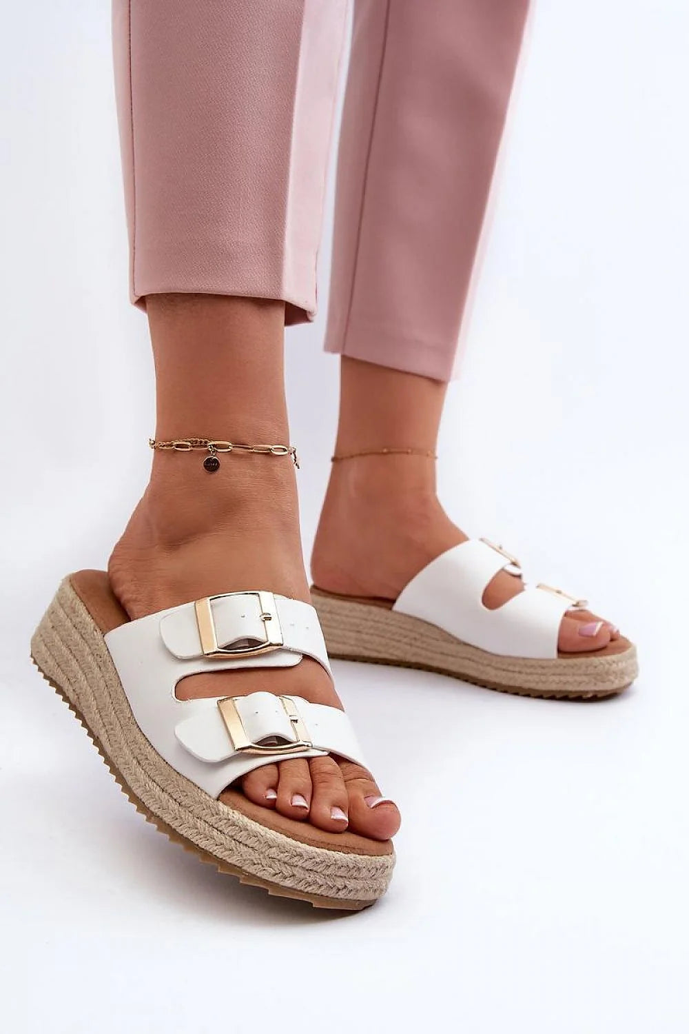 Sandales à plateforme pour femmes design décontracté élégant cuir artificiel blanc doré beige semelle tressée plateforme 3 cm ajustable