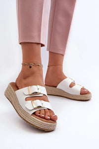 Sandales à plateforme pour femmes design décontracté élégant cuir artificiel blanc doré beige semelle tressée plateforme 3 cm ajustable