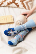 chaussettes femmes mi mollet coton elasthanne bleu pastel motifs méditerranéen maisons fleurs moulins couleurs vives semelle talon bleu roi