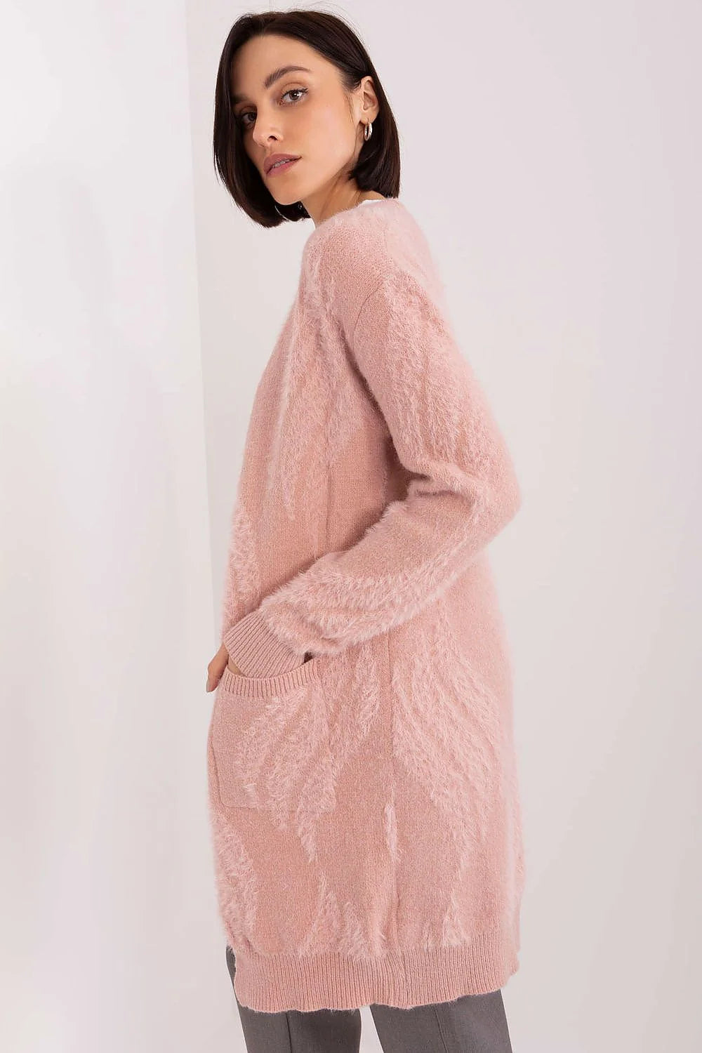 Cardigan pour femme élégant en laine longueur mi-cuisse manches longues couleur rose pâle sans fermeture poches patchées