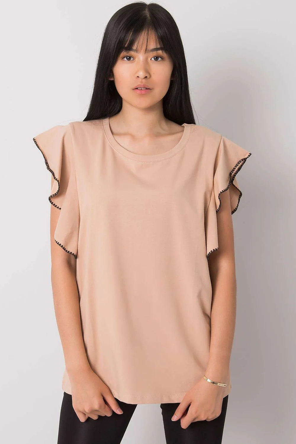chemisier fancy élégant manches volants coton stretch confortable respirant coupe ample fluide col rond finition noire contrastée polyvalent féminin