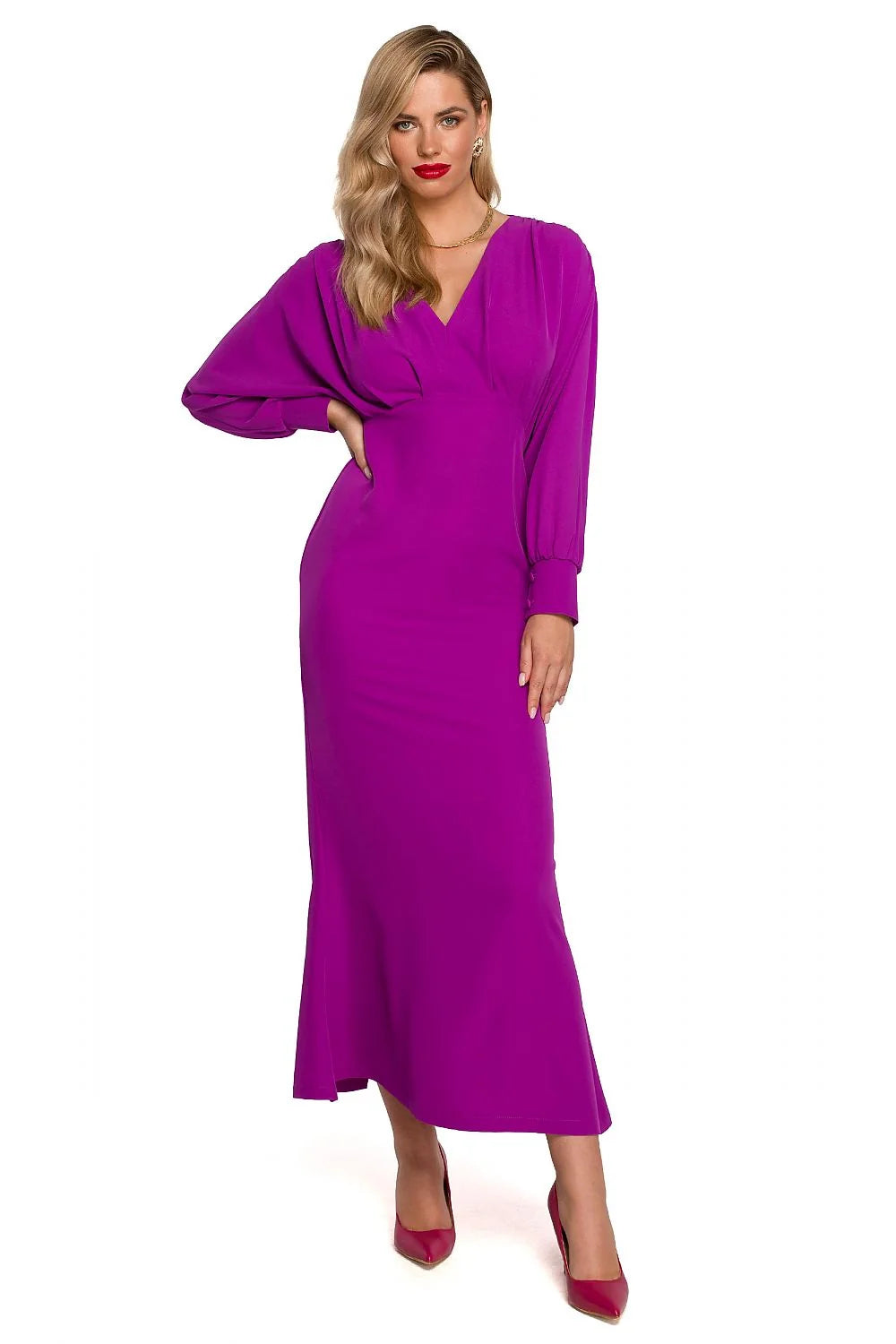 Robe de cocktail élégante longue manches volumineuses décolleté en V fuchsia sans motifs polyester elasthanne