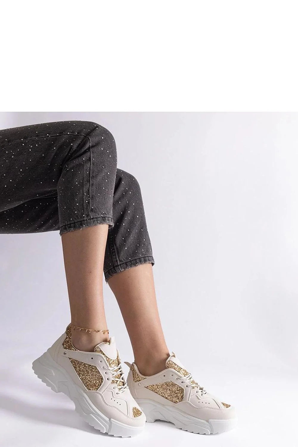 Baskets femmes style chunky cuir synthétique paillettes dorées semelle épaisse tendance mode 2023 confort