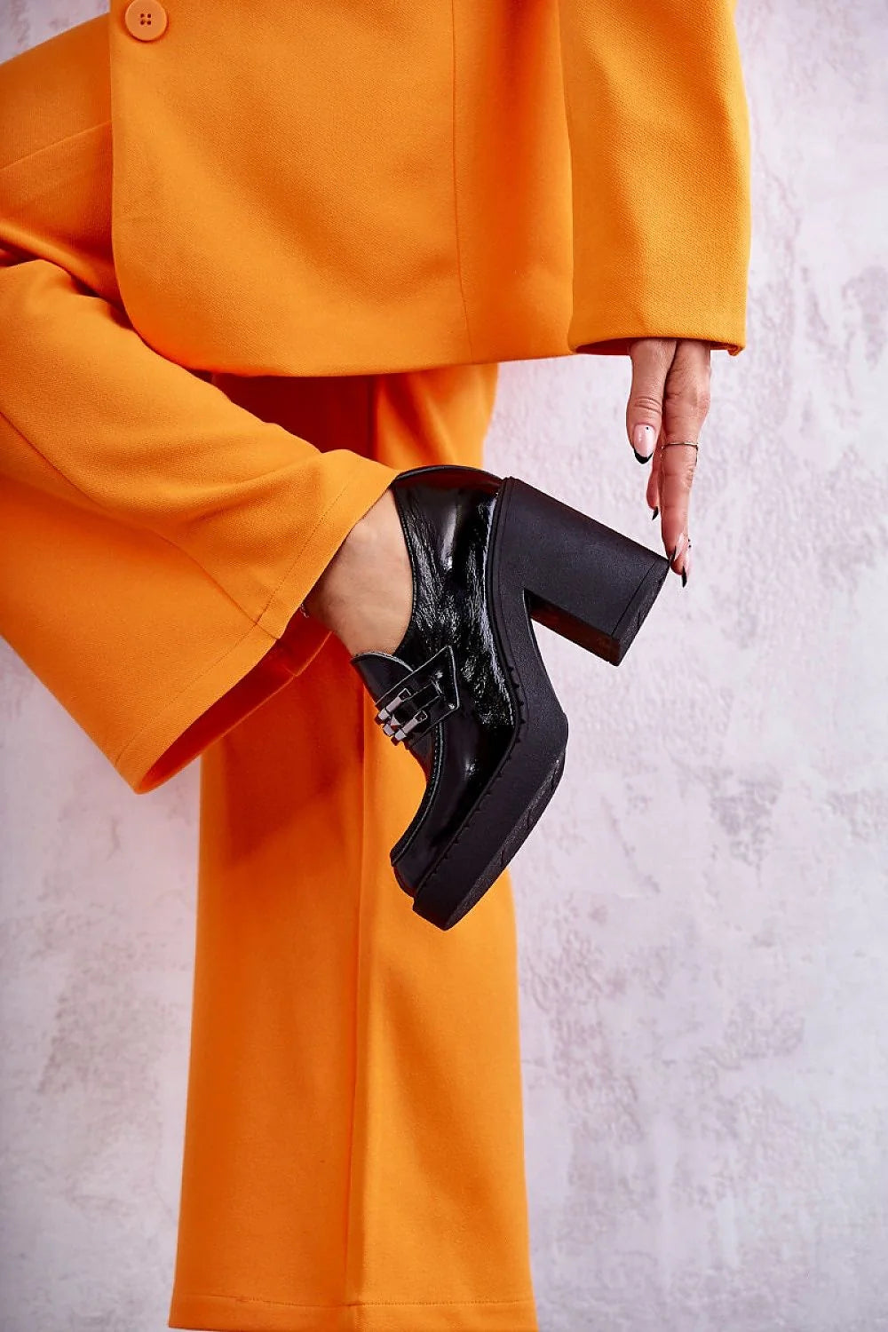 Chaussures basses à talons Step in style - Mocassin cuir verni noir talon bloc élégance femmes occasionnels habillés