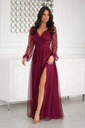 Robe longue élégante pour femme en mousseline tunique cache-cœur manches longues transparentes ceinture intégrée fente haute couleur bordeaux