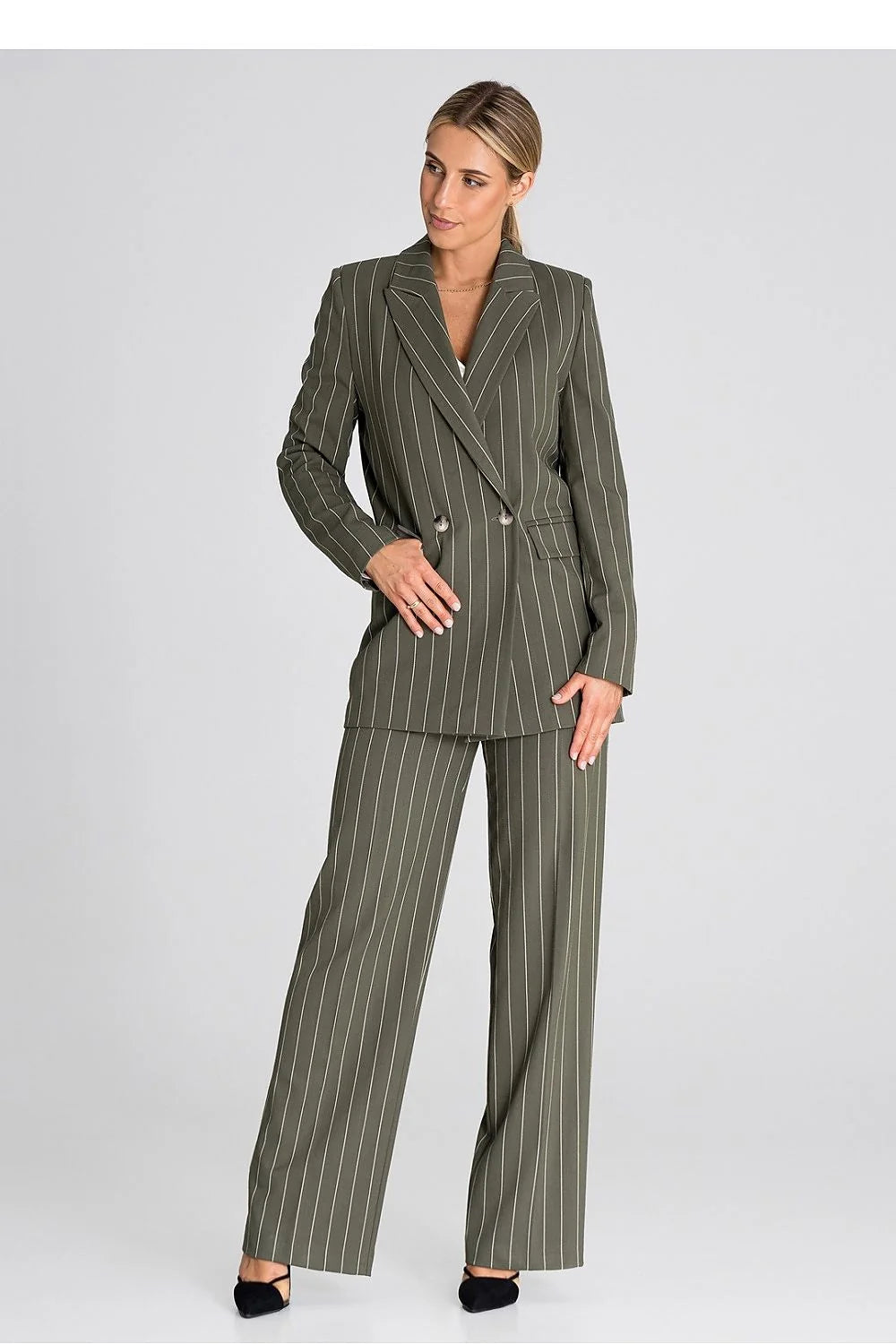 Veste blazer à manches longues double boutonnage style professionnel vert olive rayures blanches femme taille ajustable