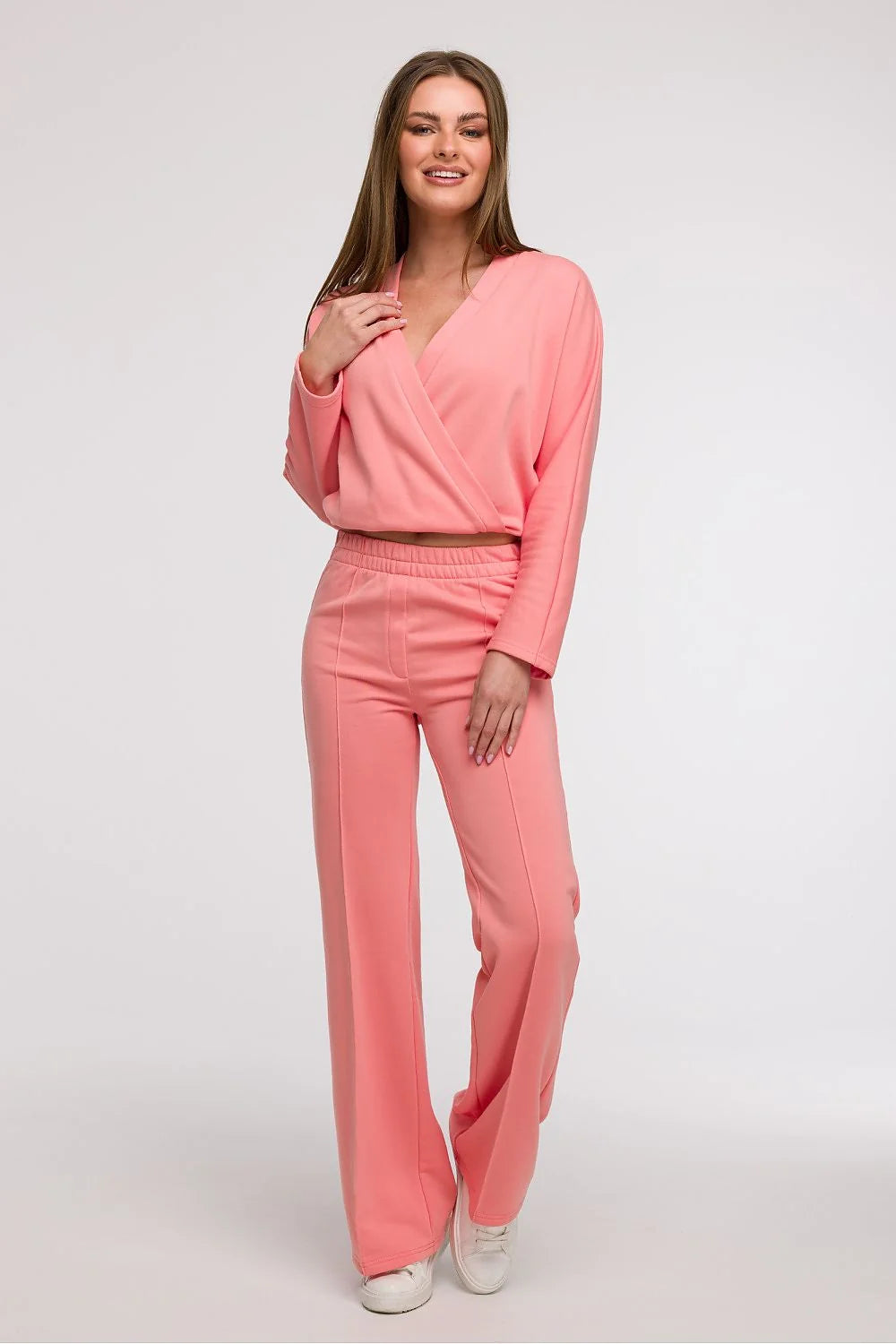 ensemble femme cachecoeur mancheslongues pantalon large tailleelastique jersey stretch coton elasthanne rose pastel fluide confortable ajustable chic decontracte elegant structurant