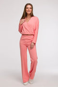 ensemble femme cachecoeur mancheslongues pantalon large tailleelastique jersey stretch coton elasthanne rose pastel fluide confortable ajustable chic decontracte elegant structurant