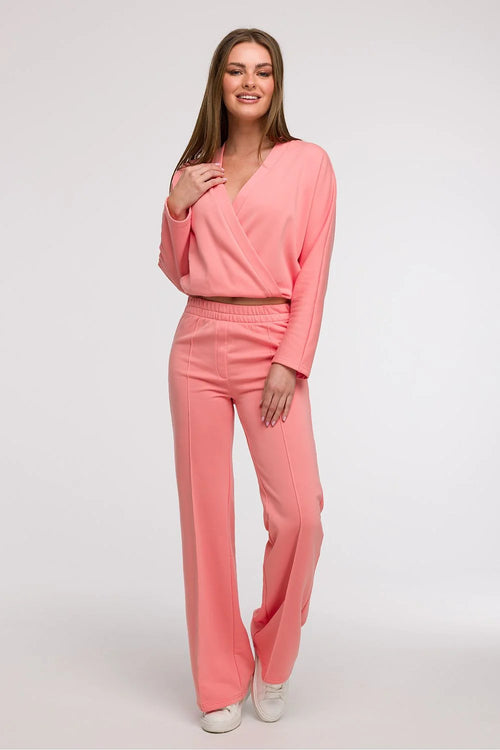 ensemble femme cachecoeur mancheslongues pantalon large tailleelastique jersey stretch coton elasthanne rose pastel fluide confortable ajustable chic decontracte elegant structurant