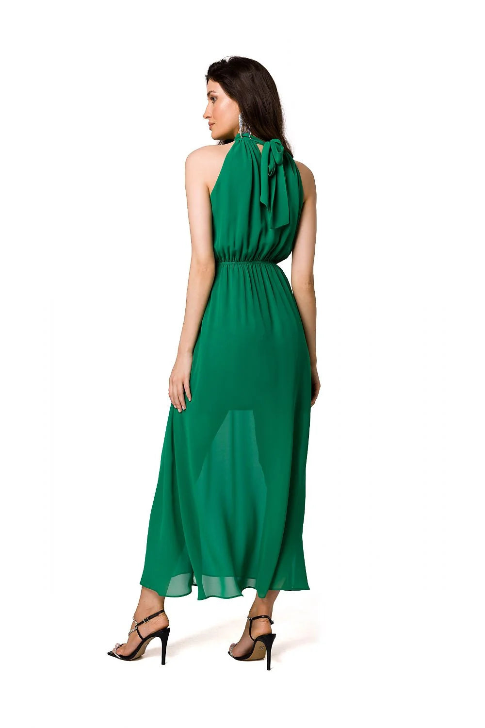 Robe de cocktail élégante longue jupe A-line encolure haute noeud élasthanne polyester vert femme