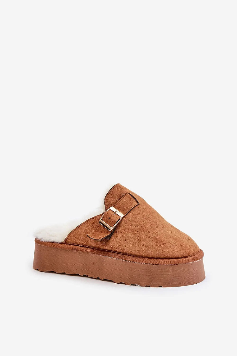 pantoufles mules suédine camel fausse fourrure blanche semelle intérieure fourrée plateforme 4cm crantée marron boucle dorée bout rond chic confortable