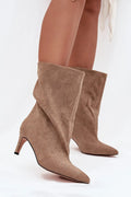 bottines slouchy daim taupe mi mollet bout pointu talon kitten bas 7cm tige lâche souple élégant féminin polyvalent décontracté habillé