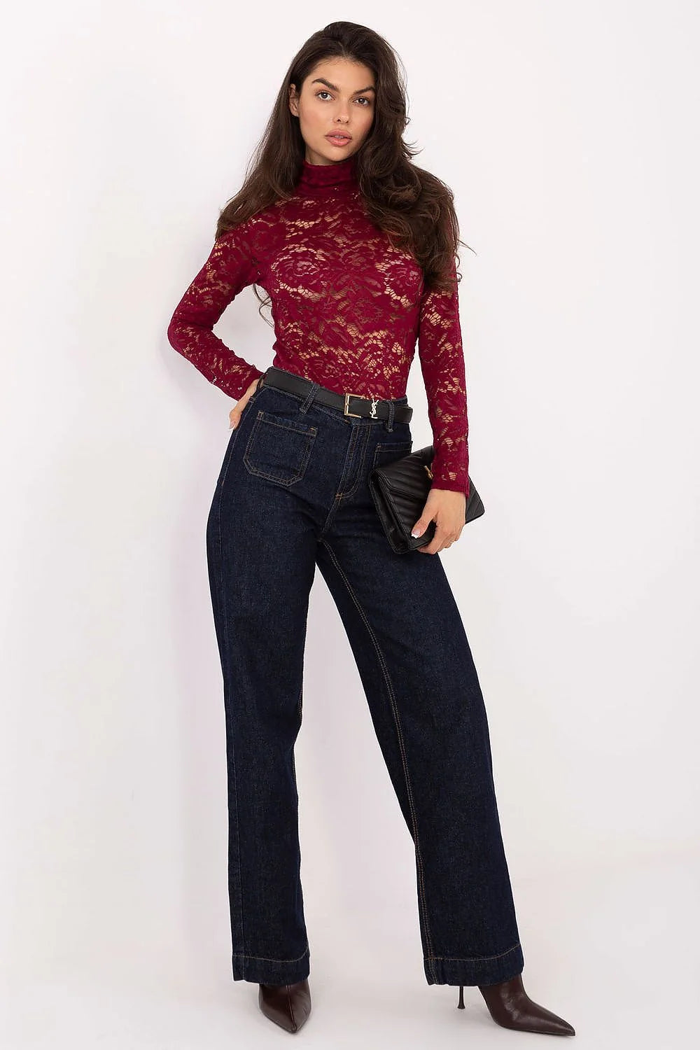 blouse dentelle ajustée manches longues col roulé chic élégante soirée cérémonie confort stretch polyester viscose élasthanne