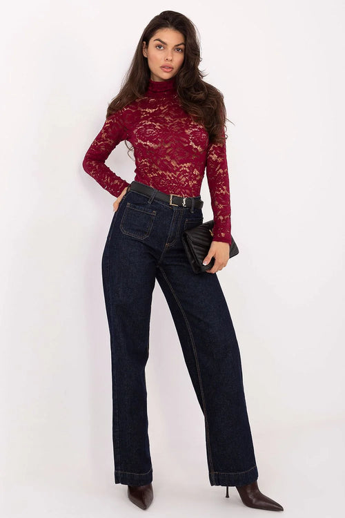 blouse dentelle ajustée manches longues col roulé chic élégante soirée cérémonie confort stretch polyester viscose élasthanne