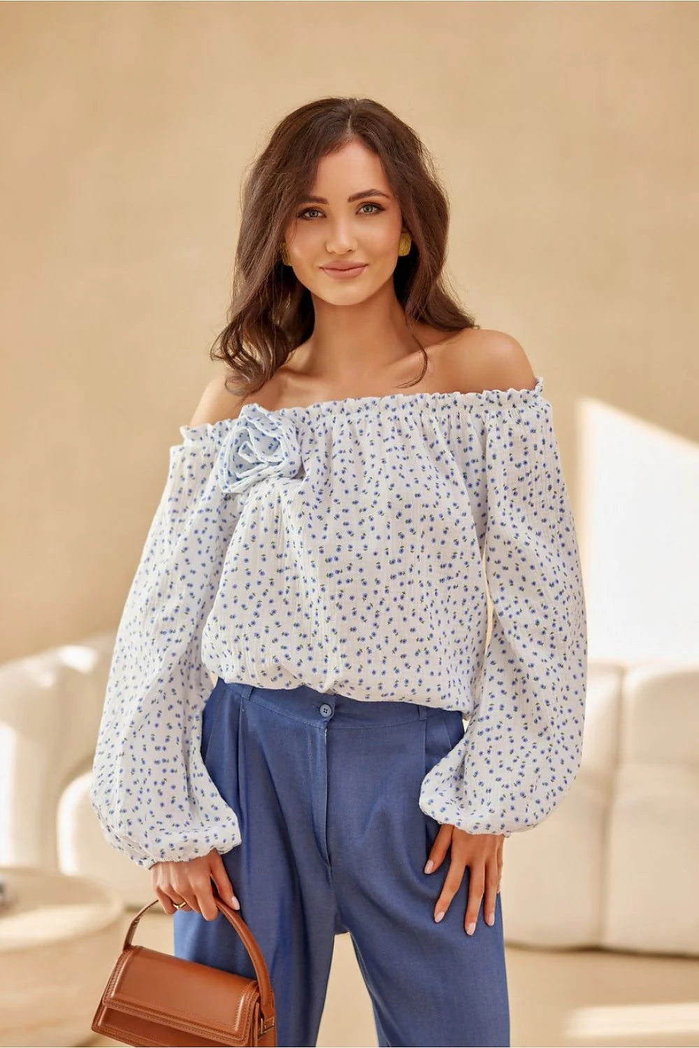 Chemisier style espagnol manches longues bouffantes élastique poignet rose décorative 100% coton taille ajustable femmes mode printanière soirée été