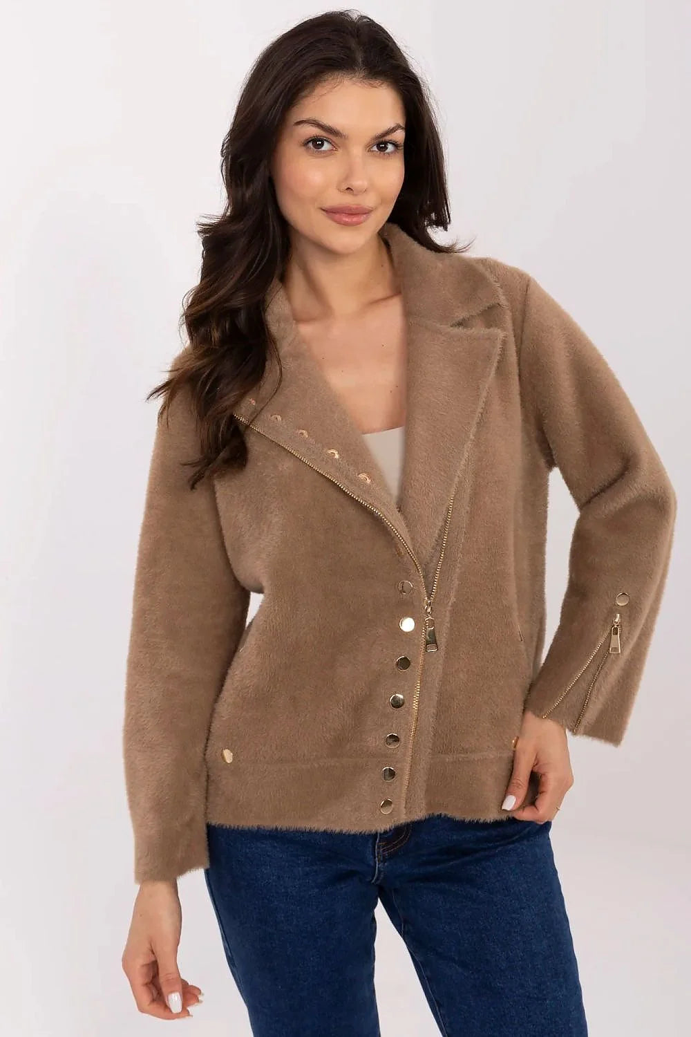 Veste blazer élégante pour femme en laine polyester angora viscose couleur beige camel col à revers ajustée sans capuche fermeture éclair dorée manches longues