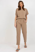Ensemble coordonné femme été blouse manches courtes encolure ronde pantalon taille haute coton viscose beige neutre élégant