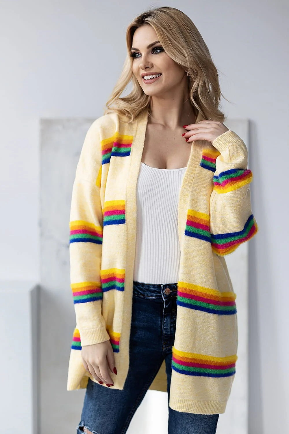 Cardigan Pee Ka Boo pour femme ample long manches longues rayures colorées acrylique polyamide polyester laine versatile mode