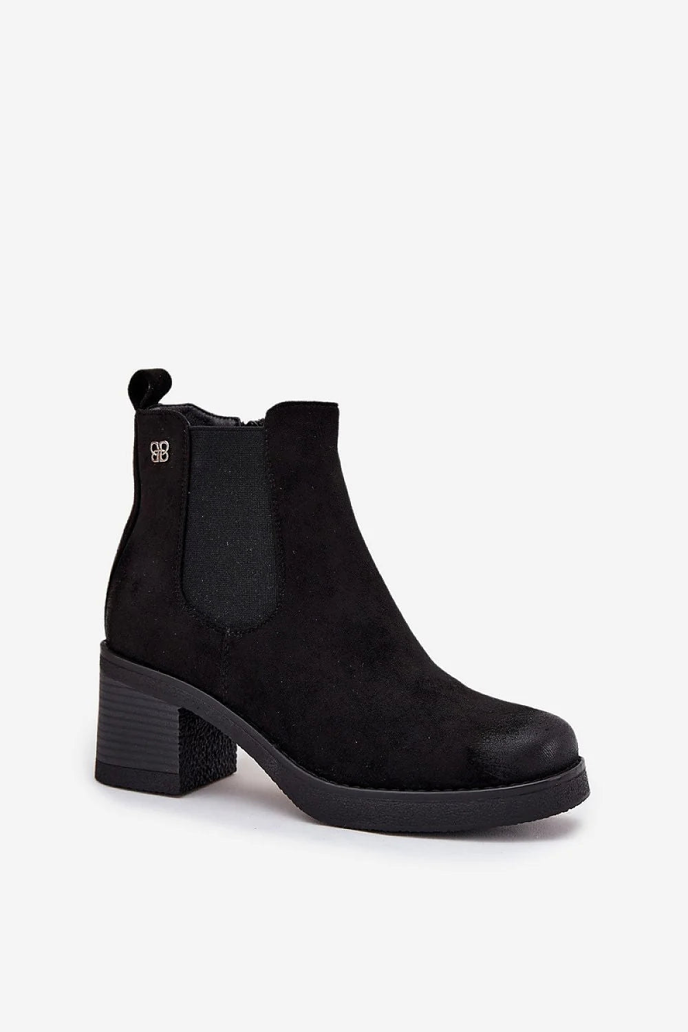 bottines femme suédine écologique chelsea cheville courte doublées talon colonne 7cm confortable semelle crantée antidérapante bout arrondi détail doré chic
