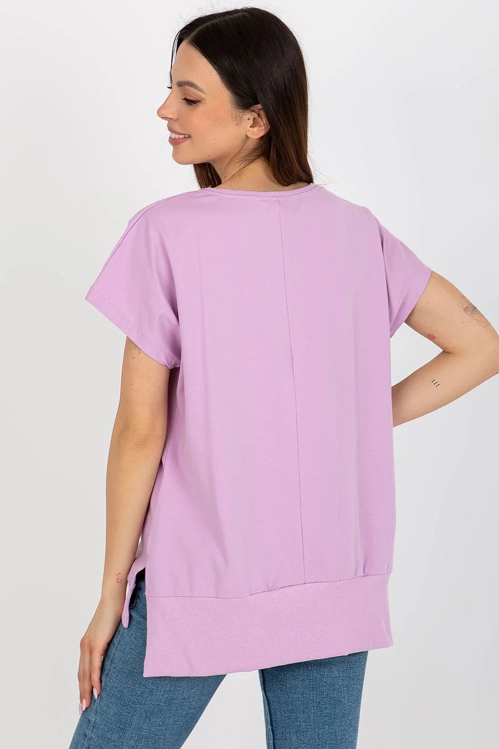 chemisier relevance coton élasthanne ample coupe droite manches courtes col rond lilas pastel jersey base côtelée