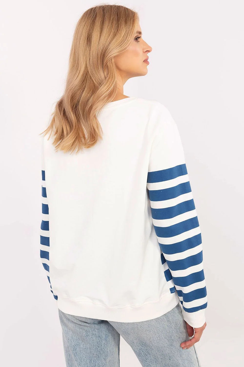 Sweatshirt femme casual moderne rayures bleu marine et blanc détails dorés coton élasthanne coupe relaxée manches longues