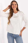 chemisier oversize femme écru jersey coton doux stretch manches troisquarts col rond coupe boxy épaules tombantes broderie métallique