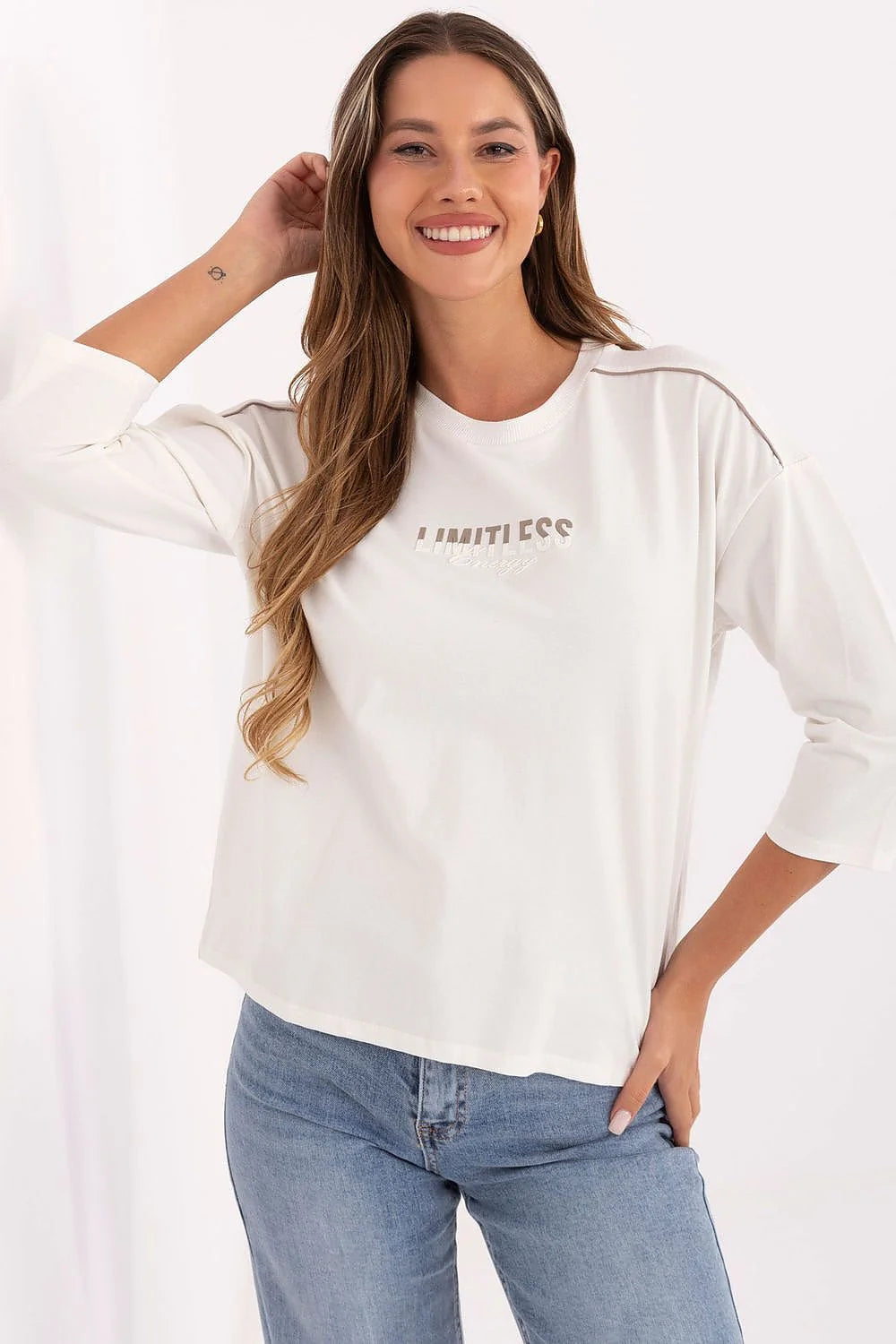 chemisier oversize femme écru jersey coton doux stretch manches troisquarts col rond coupe boxy épaules tombantes broderie métallique